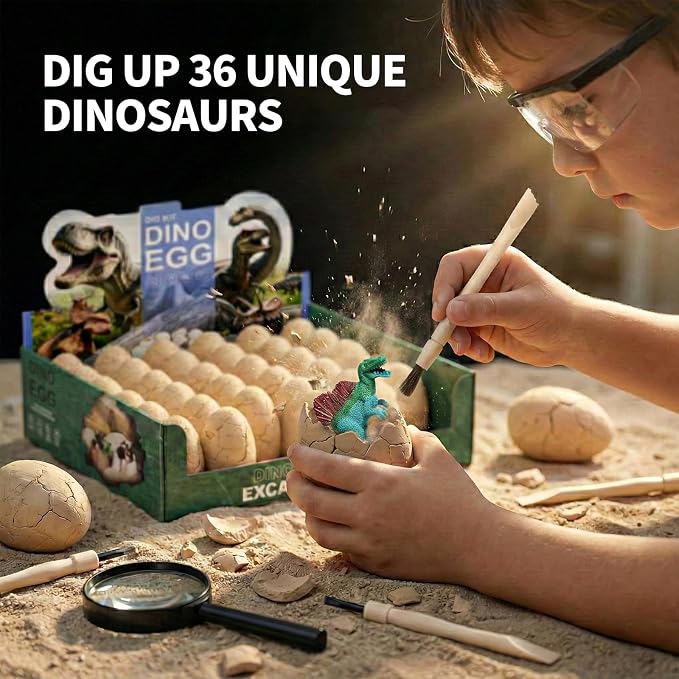 36-Pack Dinosaur Eggs Dig Kit Toys, Excavation Kit with Magnifier | Easter Basket Stuffers for Kids, Science STEM Birthday Party Favors, Gifts for Boys Girls Age 3 4 5 6 7 8 9 10 + Years Old