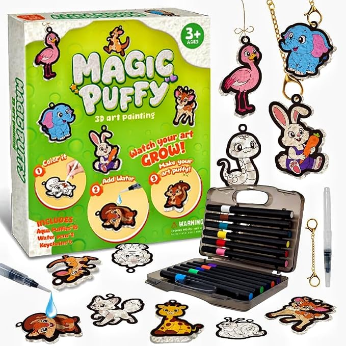 Artnedu Magic Puffy Paint 3D Art Kit - Animals,Mess-Free Color Activity | Paint By Number Craft Kits for Kids,DIY keychain,Travel Toys & Creative Gift for Ages 4, 5, 6, 7, 8, 9, 10