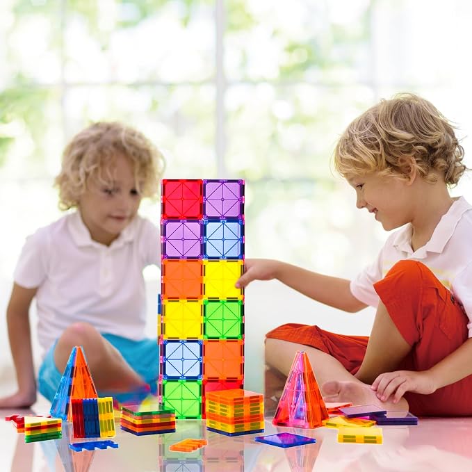 CuteTiger Magnetic Tiles, Magnet Tiles, 100 Pcs Magnetic Building Blocks No Cars, Square Building Castle, Preschool Toys, STEM Stacking Construction Montessori Toys for Kids
