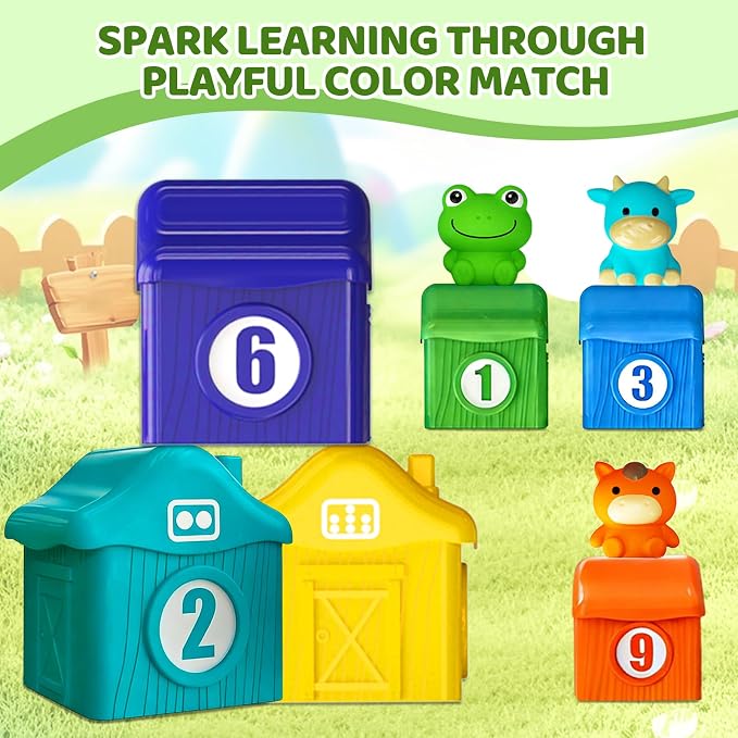 Toddler Learning Toys for 1 2 3 Year Old, Counting Matching & Sorting Montessori Train Set with 9 Farm Animals Finger Puppets, Birthday Gift for Baby Boys Girls