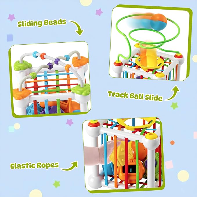 Montessori Sensory Cube Toy for Toddlers | Educational Activity Center with Elastic Sides, perfect Learning Birthday Gift for 18+ Months Baby