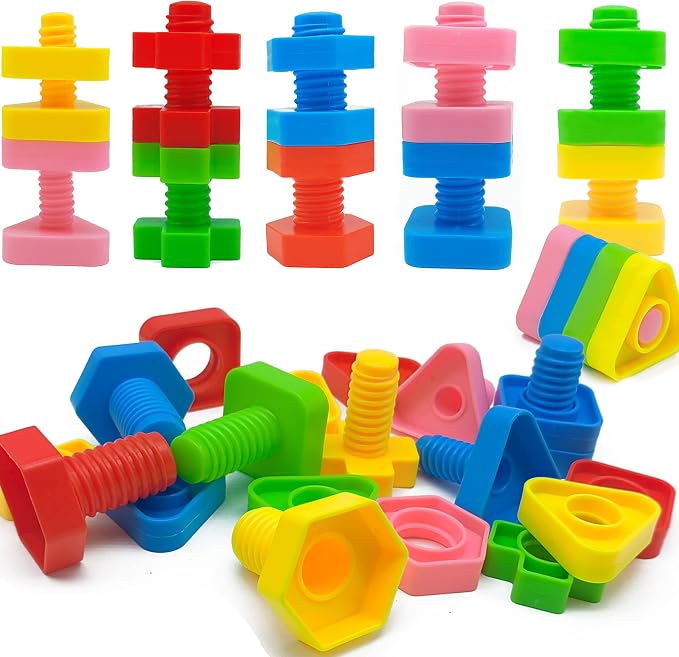 Jumbo Nuts and Bolts for Toddlers - 40 Pcs Screw Toys for Toddlers 3 - Occupational Therapy Toy with Storage Tote and Book - Shape Sorter Fine Motor Toy - Manipulatives for Preschoolers