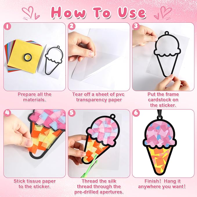 Qyeahkj 36 Set Ice Cream Suncatchers Crafts for DIY Dessert Window Tissue Paper Crafts Kit Summer Sweet Suncatcher Hanging Decor for Summer Home Activity Art Project Birthday Party Favor Gift