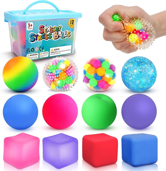 Fidget Sensory Toys Stress Balls: 12 Pack Squishy Stress Balls for Kids | Hand Therapy Sensory Ball with Nervousness Pressure Relief - Squeeze Stress Toys Bulk - Classroom Prize Gift for Student