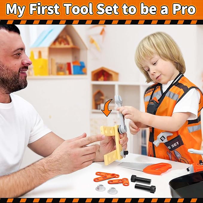 KidBloom Kids Tool Set, Toddler Tool Set with Box, Toys for 3 Year Old Boys | Construction Toys with Toy Drill, Toddler Boy Toys with Vest, Pretend Play Tools for Kids, Birthday Gifts for 3 4 5 6 7 8 9
