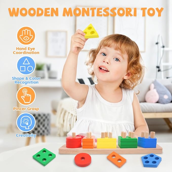 Montessori Toys Stacking & Sorting Learning Shape Sorters for Toddlers 1-3 | Color Sorting Wooden Baby Stacking Toys, Preschool Learning Activities Sensory Toys for Toddler 1-3, Christmas Gift for Kids