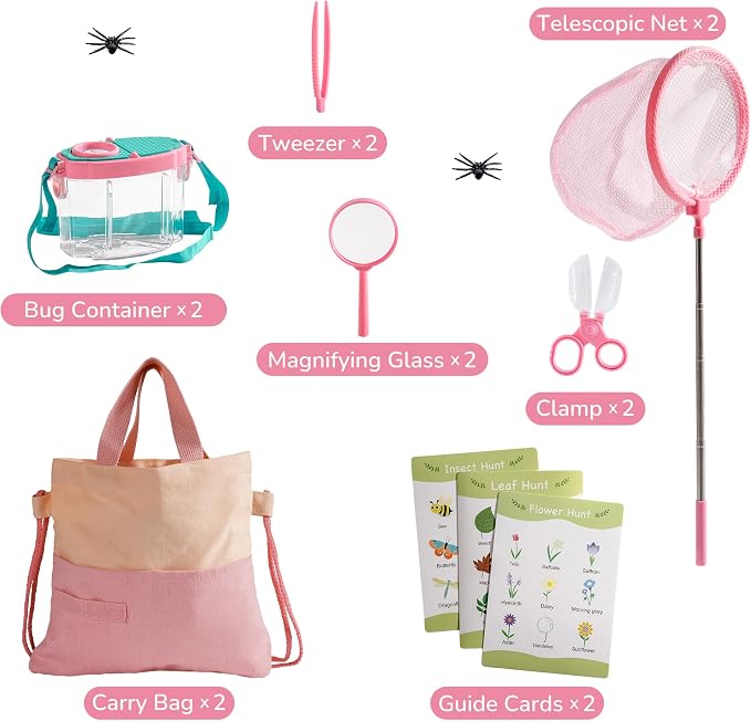 ROBOTIME 2-Person Bug Catcher Kit for Kids - Complete Pink Outdoor Explorer Set with Double Tools for Siblings & Friends (Ages 3+)