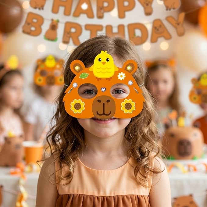 WATINC Capy Theme Bara Mask - 24pcs Make Your Own Cartoon Animal Foam Mask Craft Kit for Kids, Capy Character DIY Set with Diamond Stickers for Birthday Cosplay Party Supplies Photo Prop Boys Girls