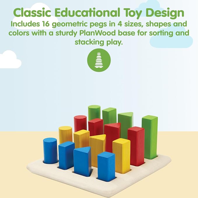 PlanToys® Geometric Peg Board Wooden Shape Sorting Toy for Kids Ages 2+ | wooden geometric peg board, shape sorting stacking, montessori STEM toy, fine motor color learning coordination, kids ages 2+