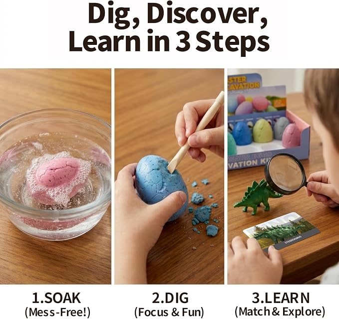 12 Pack Colorful Dinosaur Eggs, Excavation Kit with Learning Cards | STEM Science Toy for Kids, Easter Basket Stuffers, Party Favors, Birthday Gifts Classroom Activities for Boys Girls Age 3+
