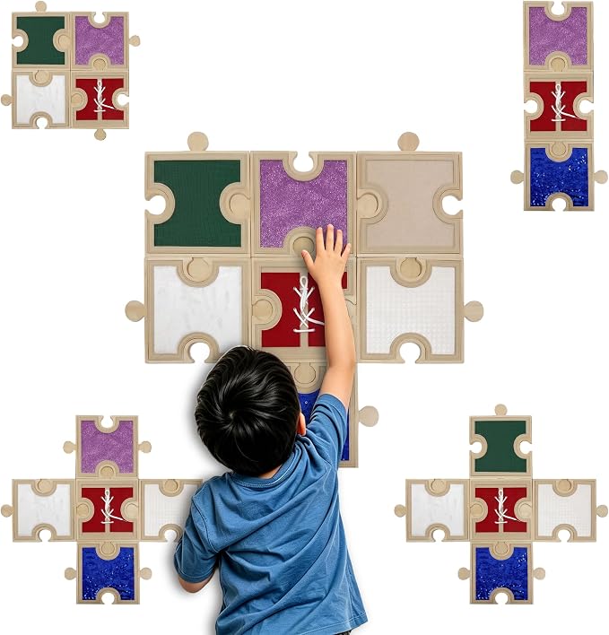 Sensory Wall Panel Set 7 Wooden Frames 13 Sensory Pads with Sequin Mat & Texture Film, Interchangeable Tactile Activity Boards for Kids, Fine Motor Skills Toys for Autism, Daycare, Special Education