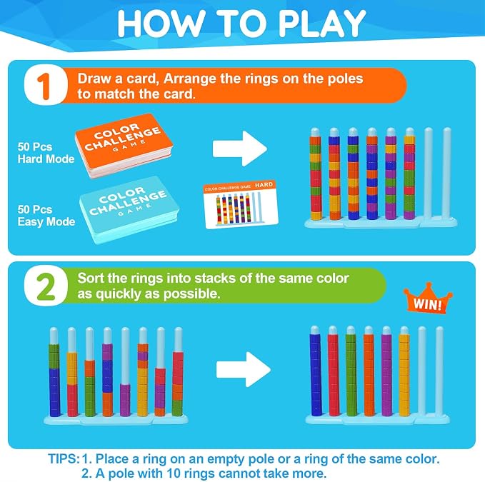 LLESSOO 1 Pack Color Challenge Game – Solo Play Color Matching Puzzle Game, Fun Board Game for Kids 6-8-12, Adults, Party & Family Game Night, Stacking Game with 1 Stack Rack, 100 Cards, 60 Rings