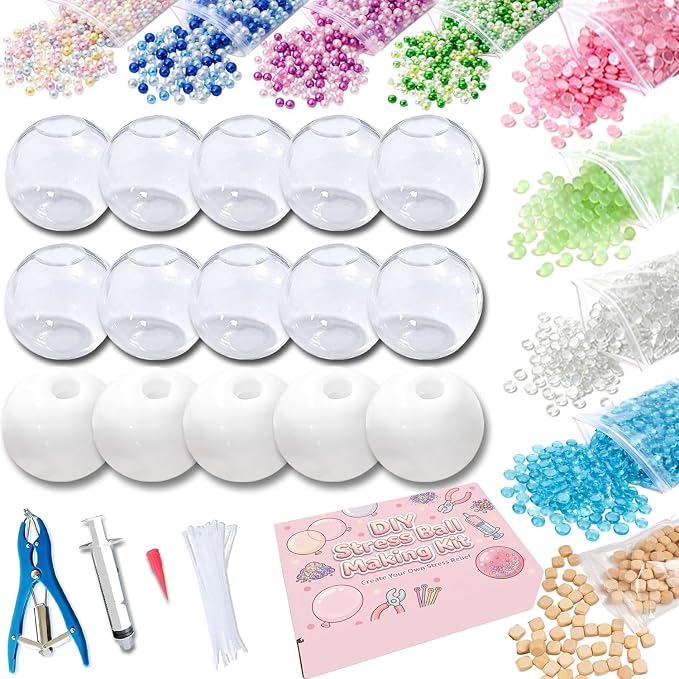 DIY Stress Ball Making Set for Adults, Squishy Make Set with 15 TPR Ball Skins, 9 Types of Fillers, Air Pump, Vacuum Tool, Plugs & Cable Ties, Make Your Squishies for ASMR Anxiety Relief Sensory