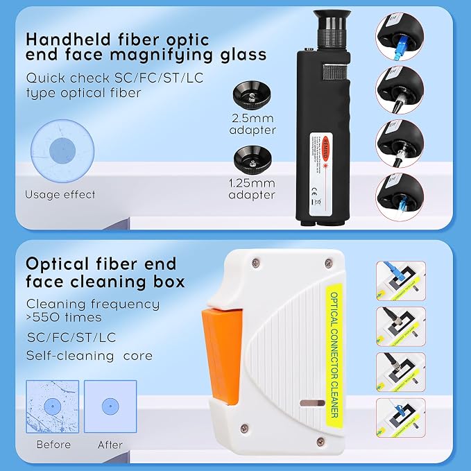 13 in 1 Fiber Optic Cleaning Tool kit with 400x Optical Fiber Microscope SC/LC Cleaning Pen 2.5mm 1.25mm Interface Cleaning Box with Replace core Fiber Optic Cleaner kit FTTH Clean Tool Kit