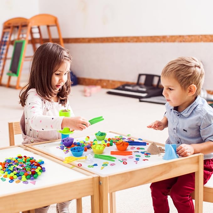 Blosssound 550 Pcs Fine Motor Toys Counting Sorting Sensory Bin Filler Set Include Pom Poms Numbers Shape Cups Tweezers Scissors Clips for Early Education Color Counting Sorting Training Activities