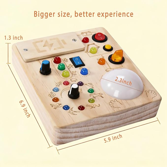 Toddler Busy Board ,Montessori Toy with Tap Light ,6.9"x5.9" Wooden Busy Board with LED Traffic Light for Kids , Travel Sensory Toys for 1+ Year Old baby Christmas/Birthday Gift(Battery Not Included)