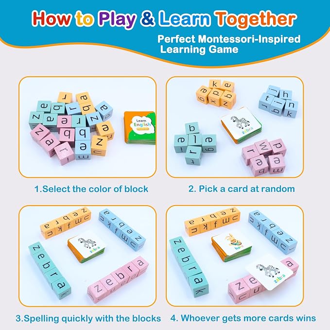 Spelling Games for Kids Ages 3-8, Phonics Matching Game with 54 Flash Cards & 20 Letter Blocks, CVC & Sight Word Building Reading Game, Classroom Must Haves for Preschool & Kindergarten