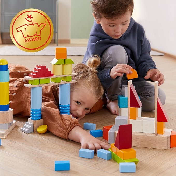 HABA Colored Wooden Building Blocks - Set of 85 Piece Set of Wooden Toys, Stacking Toys for Toddlers 1-3 Ideal Open Ended STEM Play (Made in Germany)