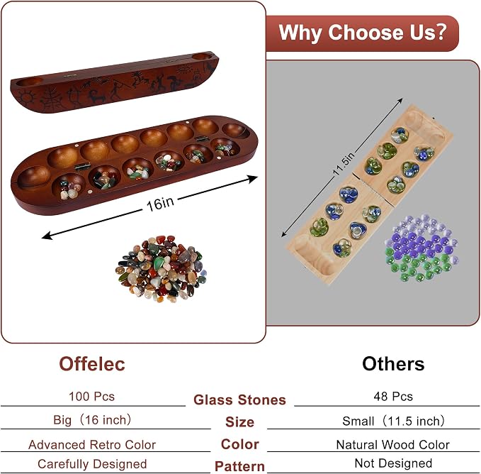 Offelec Wooden Mancala Board Game Set, Large 15.8 Inch Folding Board with 100 Multi Color Stones, 2-Player Classic Family Strategy Game for Kids & Adults, Portable Travel Mancala with Instructions