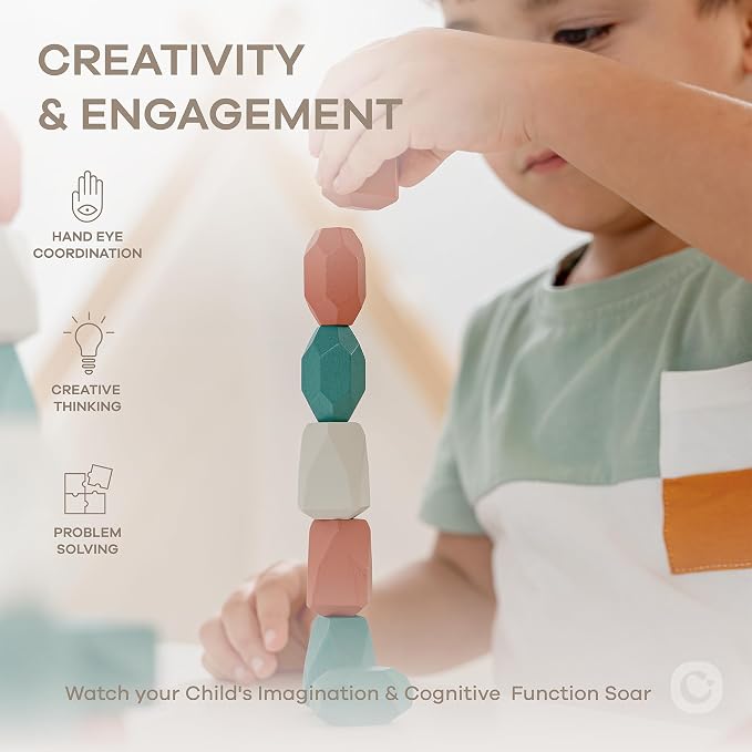Comfy Cubs Stacking Rocks 36 Pieces, 36 Months+, Educational Toddler Stacking Blocks, Promotes Imagination, Balance & Fine Motor Skills - Wooden Rocks Sensory Toys Gift for Kid, Dino Pack