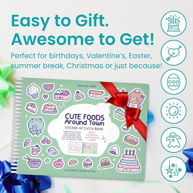 Cupkin Cute Foods Around Town Coloring & Sticker Book | 500+ Stickers | Spiral-bound kids craft format with 12 scenes, 12 art pages, side-by-side viewing, and an easy-peel design for ages 2–8