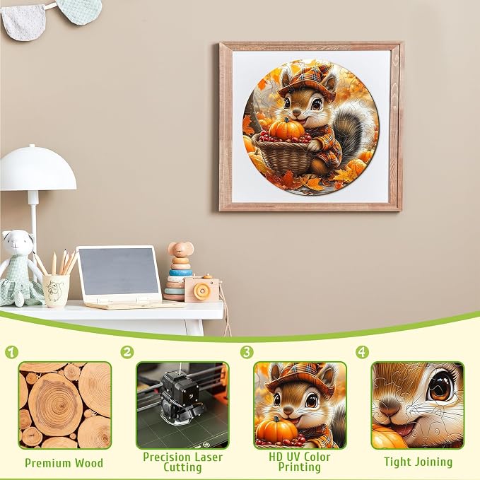 Fall Wooden Puzzles for Kids - Squirrel Harvest | 50 Piece Puzzles for Kids Ages 4-6 - Kids Puzzle with Unique Animal Shapes - Round Puzzles for Boys and Girls (11.4 * 11.4in)