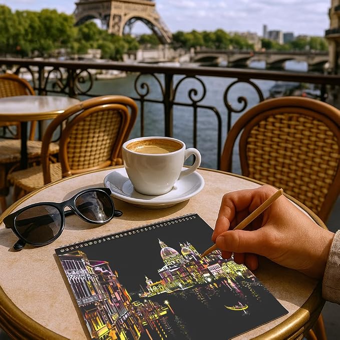 10-Board Scratch Art Book for Adults, Rainbow Cityscape Kit with Tools | Scratch art tools reveal 10 rainbow cityscapes for screen-free tabletop entertainment at home, during travel or with friends.