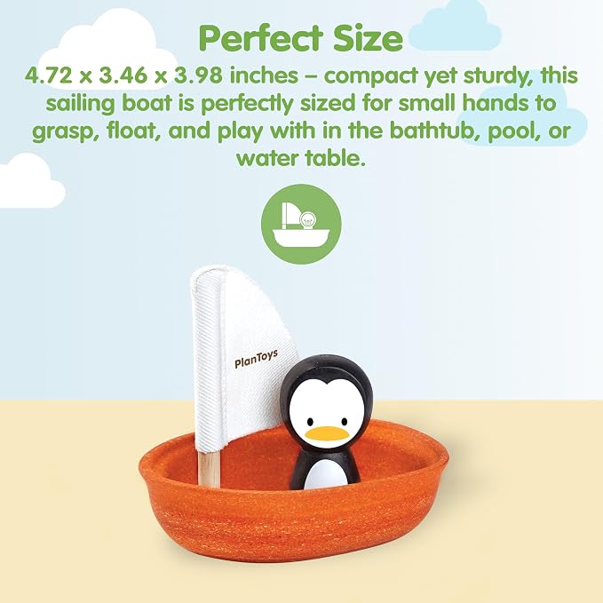 PlanToys® Wooden Penguin Sailing Boat Bath Toy for Toddlers, Montessori | wooden penguin sailing boat, montessori floating bath toy, water play, bathtub pool water table, kids toddlers imaginative pl