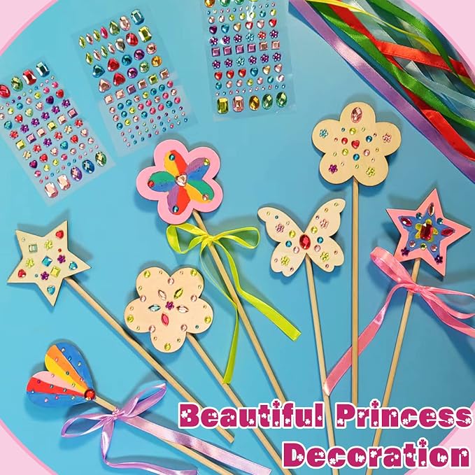 Princess Fairy Wands Craft Kit (14 PCS), Kid Birthday Party Supplies | Make Your Own Magic Wands Include Unfinished Wooden Fairy Wands, Gem Stickers, Ribbons, Ideal for Kids 6+