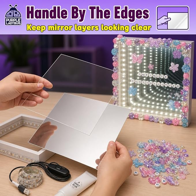 DIY Infinity Mirror Kit, Screen-Free Crafts for Girls Ages 6-12 | Light-Up STEM Crafts with Gems & Assorted Alphabet Beads for Customization, Educational Girls Crafts Ages 6-8