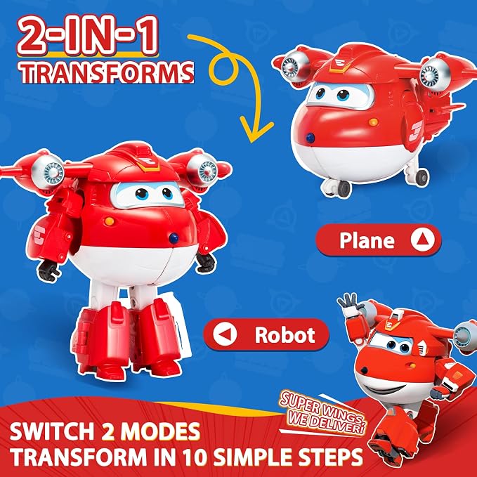 Super Wings Transformable Toys 5" Action Figure Supercharged Tobot Jett, 2 in 1 Rescue Bots Transforming Airplane Robot Toys, Educational Toy for Boys and Girls Age 3+, Gifts for Preschool Kids, Jett