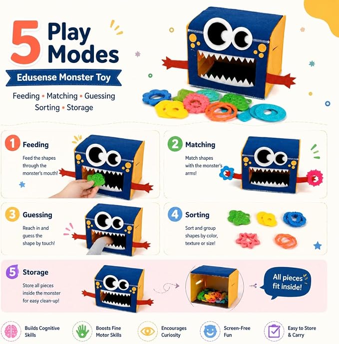 edusense Monster Feed Me - Feeding Game Sensory Toy for Toddlers 3+ | 20 Washable Silicone Shapes | Fine Motor Skills & Color Recognition | OT Sensory Play for Autism | Self-Storing Travel Toy