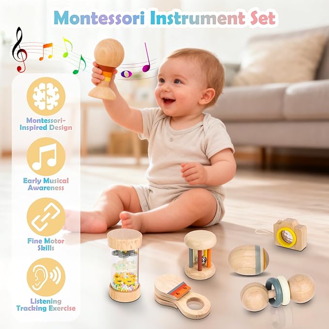 Montessori Wooden Baby Toys 0-12 Months, 7-Piece Sensory Rattle & Music Set | Rain Sound Tube and Rattle Roller for grasping, shaking, rolling, sound discovery and visual exploration with Storage Bag