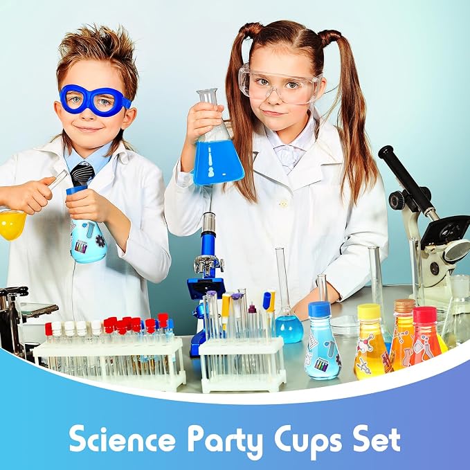 Jingmore 36 Pcs Science Party Theme Cups Set with Silly Loop Straws Science Stickers Plastic Reusable Small Conical Flask Bottles Test Tubes for Birthday Party Decorations(Conical Flask)