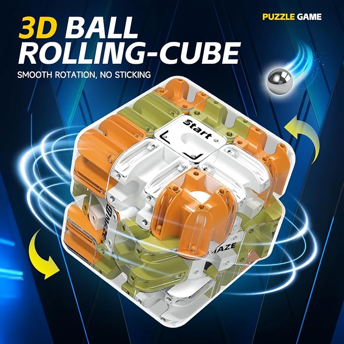3D Rolling Ball Maze Cube, Marble Labyrinth Cube, 3D Labyrinth Puzzle Cube, Spatial Awareness Brain Training Educational Focus Game Gift for Adults Teens Kids (Orange & Green)