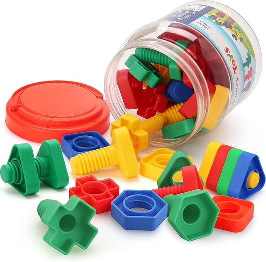 LotFancy Nuts and Bolts, 24pcs Fine Motor Skills Occupational Therapy Toys for Kids, Shapes and Colors Matching Toys, Montessori Building Construction Game with Storage Box for Baby and Toddlers