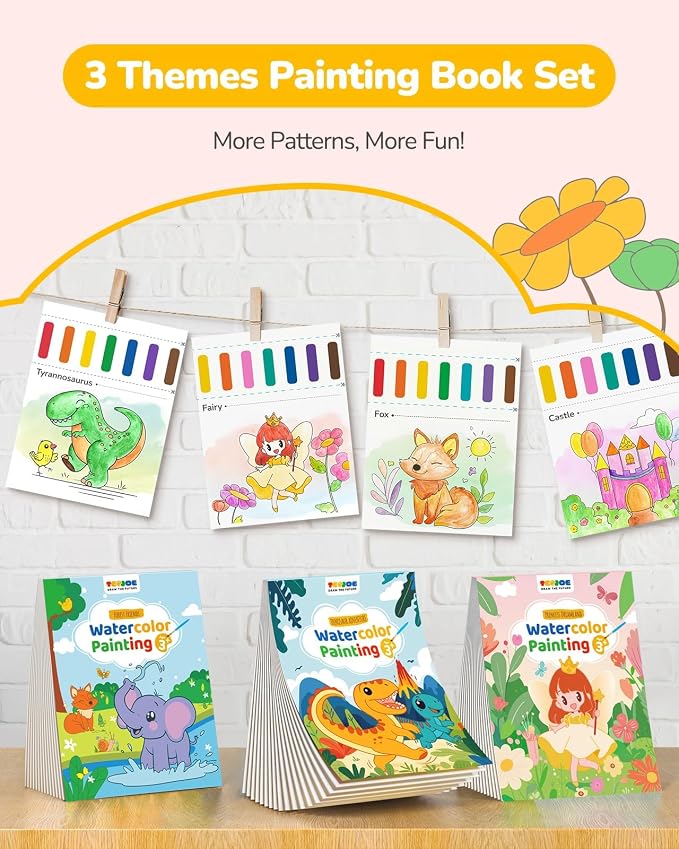 TECJOE 3 Pack Paint with Water Coloring Books for Toddlers, Mess Free Watercolor Painting Set with 6 Brushes, Travel Art Craft Toys Birthday Gifts for Kids Ages 3-8, Princess, Dinosaur & Forest | Thick Watercolor Paper With 6 Brushes, Mess Free Travel ...