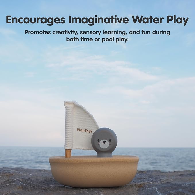 PlanToys® Wooden Sailing Boat Toy with Seal, Kids Bath Time Water Play Toy | wooden sailing boat with seal, bath time water play, floating imaginative toy, gentle sensory exploration, kids toddlers play