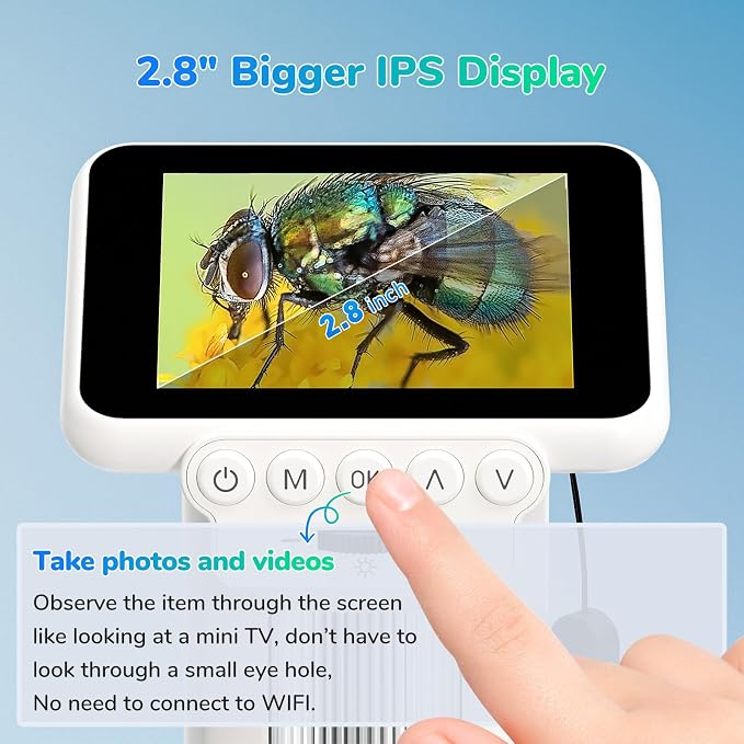 LM013 Digital Microscope with 2.8" Screen for Kids Adults, Anti-Shake Portable USB Coin Magnifier 120X with 8 LED Lights, 1080P Video, Prepared Slides, PC View