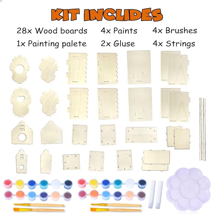 hapray 4 Pack Bird House Craft Kit, DIY Birdhouse for Kids to Build & Paint