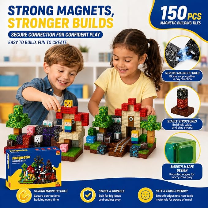 Magnetic Building Blocks 150PCS, 0.8in Stacking Cubes STEM Toy Kids Ages 3+ | Magnet Toys for Kids, Stacking Construction Magnets, School STEM Toys Birthday for Boys & Girls