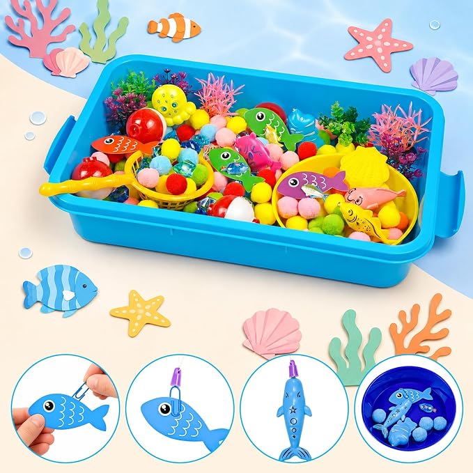 Cinrobiye 233 Pcs Fishing Theme Bin Fillers Set with Storage Box, Ocean Fish Activity Materials, Tropical Fish Cards and Accessories for Classroom Activities, Home Projects and Theme Displays
