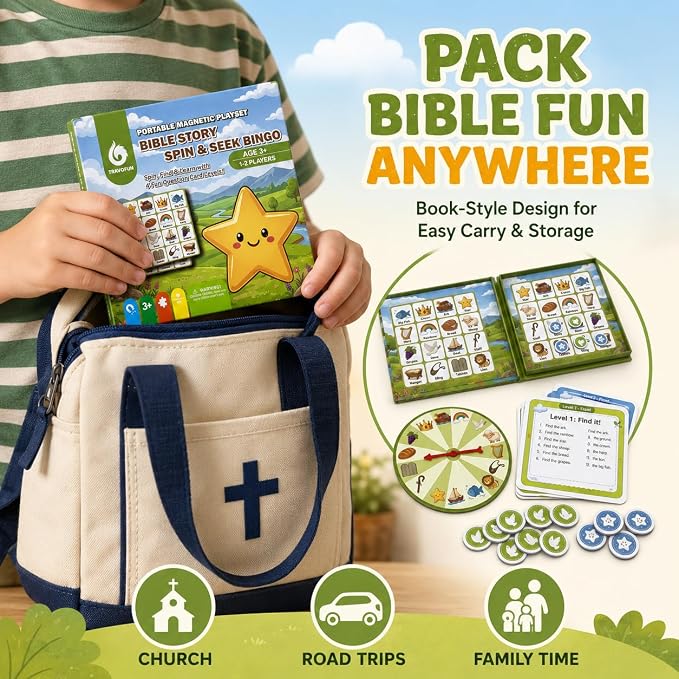 Travofun Magnetic Bible Story Spin & Seek Bingo Game for Kids Ages 3-8 | Portable Christian Learning Toy with Spinner & Question Cards | Interactive Travel Game for Road Trip