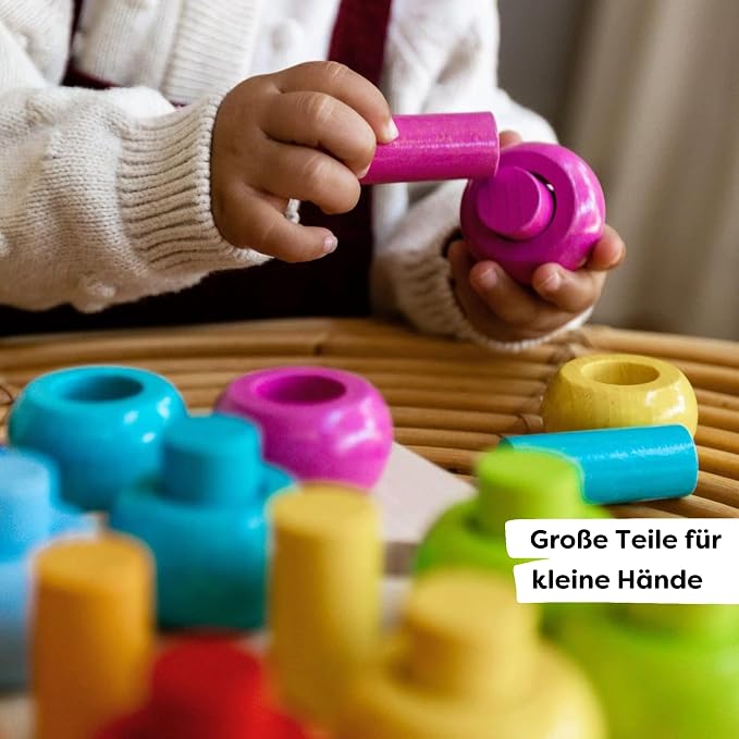 HABA Rainbow Whirls Wooden Sorting & Stacking Rings Shape Sorter, Educational Toys for 2 Year Old & Up, Color Sorting Fine Motor Toys, Made in Germany