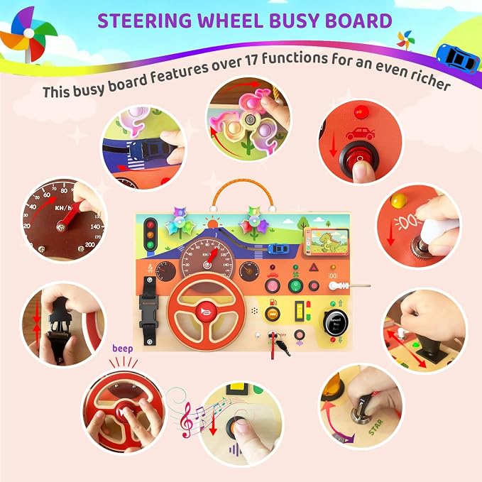 UdoUto Montessori Wooden Busy Board with Steering Wheel & Driving Toys | Sensory Activity Boards for Toddlers 1-3, Car Themed Fidget Toy, Lights, Switches & Windmill Spinner
