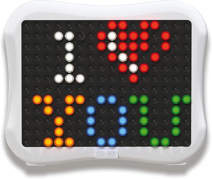 Quercetti: Peg Brite - Light-Up Image Toy, Create Mosaic Board Art, 120 Pegs & Bright LEDs, 12 Sample Pattern Templates, Free Play Designing, Kids 3+