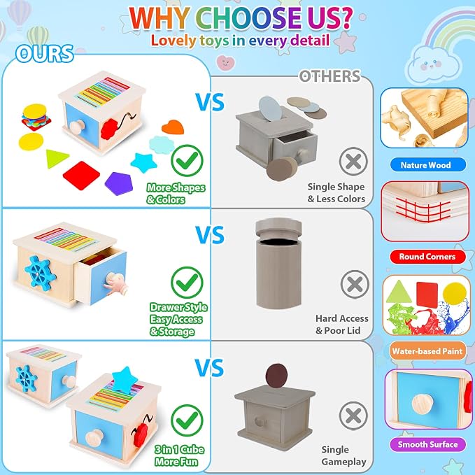FCSONU Montessori Sorting Box Toys for Toddlers 1-3, Fine Motor Skills Toys | 3in1 Learning Color Sorting Toys Sensory Toys, Shape Sorter | Coin Box Toy, Easter Christmas Birthday Gifts for Boys Girls