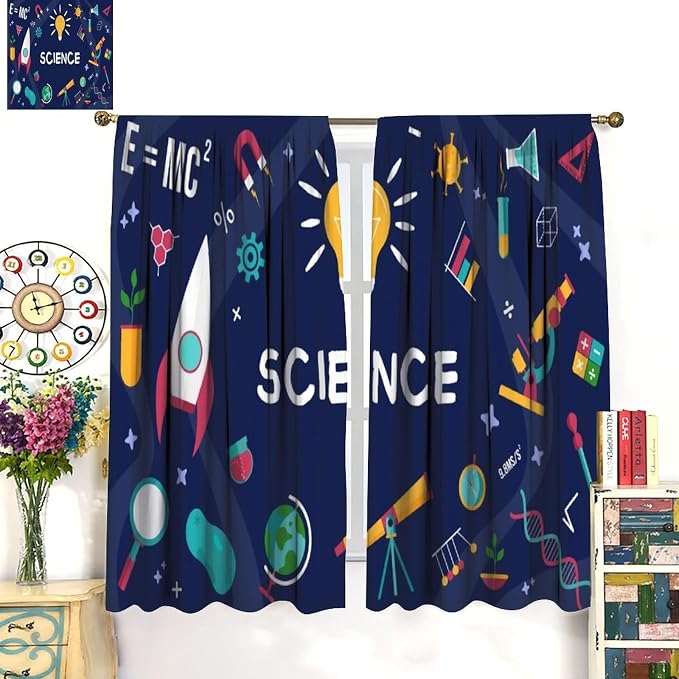 Science Symbols Kids Curtain Sketches Cartoon Chemistry Physics Geometry Education Pattern Print Window Drapes for Bedroom Living Room Kitchen Decor,2 Panel Set,63x72 Inch Blackout