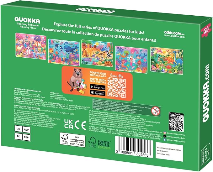QUOKKA Puzzles for Kids Ages 4-6 – 60 Piece Jigsaw Puzzles for Toddlers Ages 3-5 with Dinosaurs – Quiet Time Toy for Preschoolers 2-4 – FSC Certified Educational Learning Game for Boys and Girls