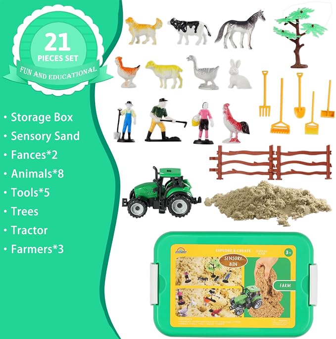 AGENTLAN Farm Sensory Bin with Sensory Sand, Farm Toys for Ages 3-8 | Moldable sensory sand, farm animal sensory toys, portable storage bin, pretend play, travel activity, gift for kids ages 3-8